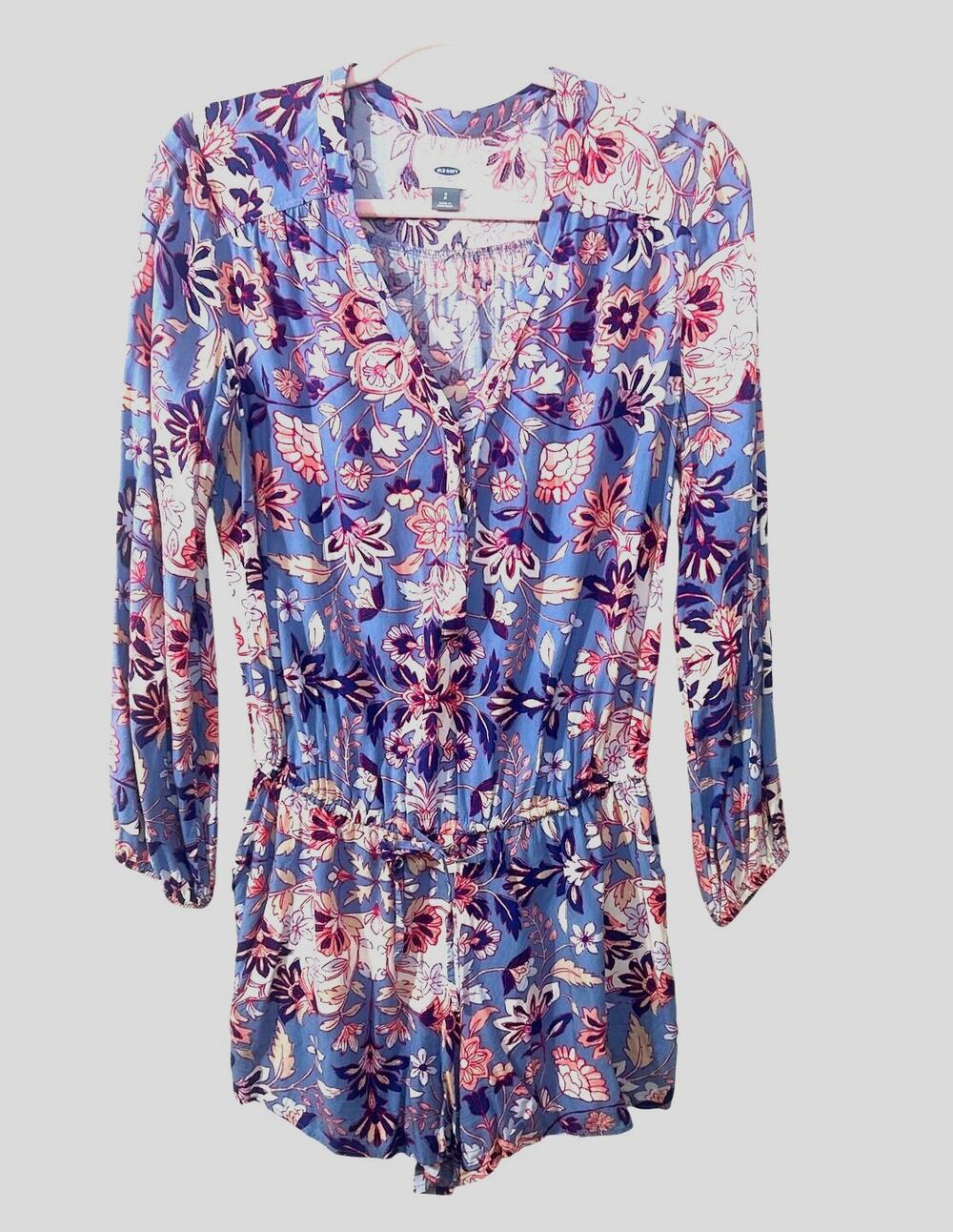 Old Navy Blue Floral Long Sleeve Romper Tie Waist Pockets Women's Small Fall